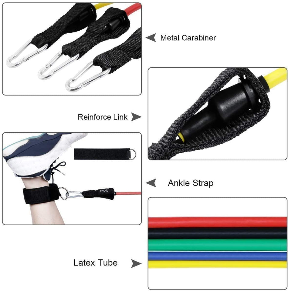4well Resistance Bands Set 11pcs – Exercise Bands with Handles, Door Anchor & Ankle Straps – Workout Bands for Home Fitness, Strength Training, Pilates & Physical Therapy – 5 Stackable Resistance Levels