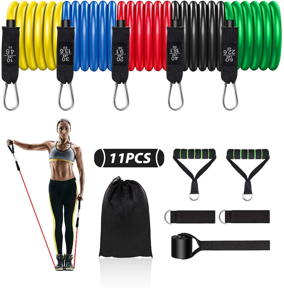 4well Resistance Bands Set 11pcs – Exercise Bands with Handles, Door Anchor & Ankle Straps – Workout Bands for Home Fitness, Strength Training, Pilates & Physical Therapy – 5 Stackable Resistance Levels