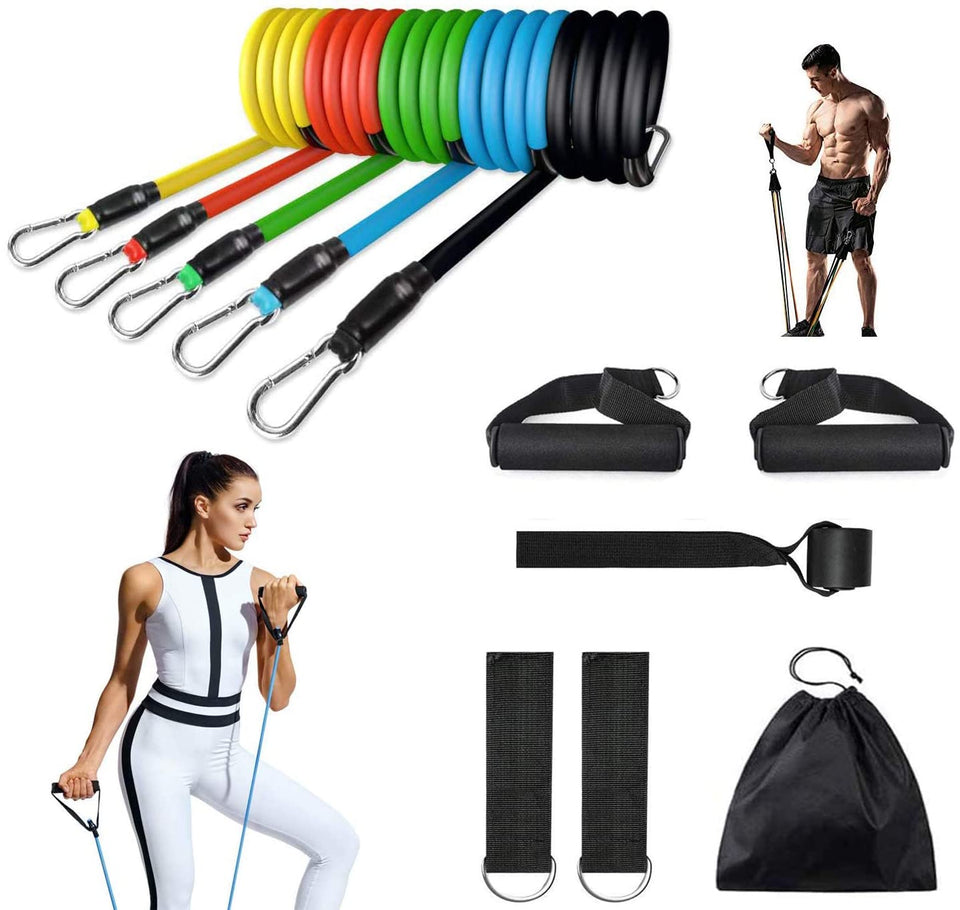 4well Resistance Bands Set 11pcs – Exercise Bands with Handles, Door Anchor & Ankle Straps – Workout Bands for Home Fitness, Strength Training, Pilates & Physical Therapy – 5 Stackable Resistance Levels