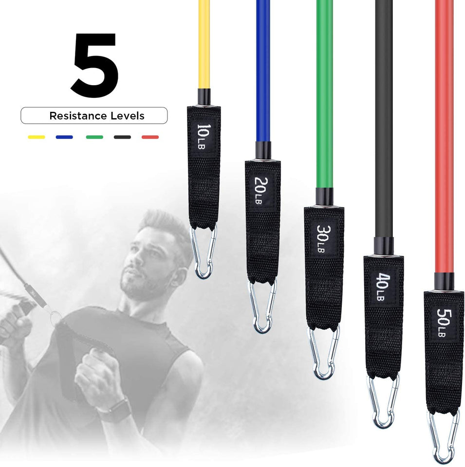 4well Resistance Bands Set 11pcs – Exercise Bands with Handles, Door Anchor & Ankle Straps – Workout Bands for Home Fitness, Strength Training, Pilates & Physical Therapy – 5 Stackable Resistance Levels
