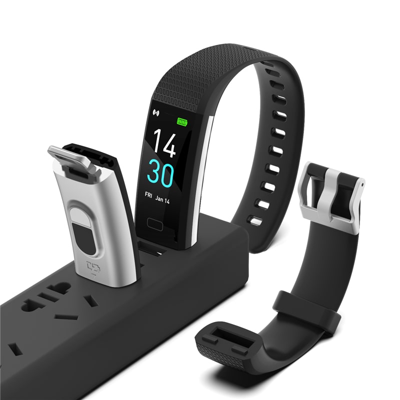 Fitness smartwatch charging dock with two watch bands and time 14:30