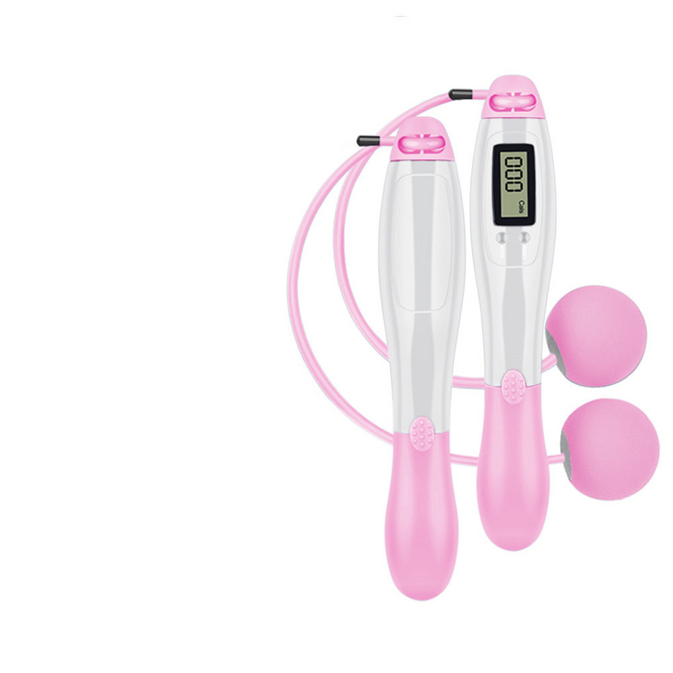 Cordless digital jump rope set with pink handles, pink rope, and two round end knobs