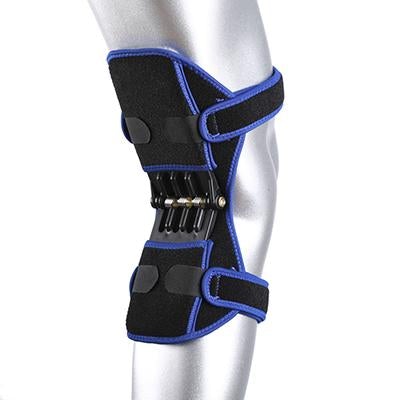 Black knee support pad with blue-edged straps and adjustable hook-and-loop closure