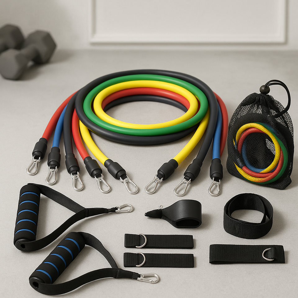 11-piece resistance band set with color loops, handles, and carrying pouch