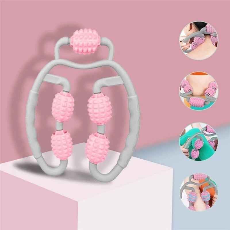 U-shape massage roller with pink spiked wheels on light gray frame, front view