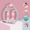 U-shape massage roller with pink spiked wheels on light gray frame, front view