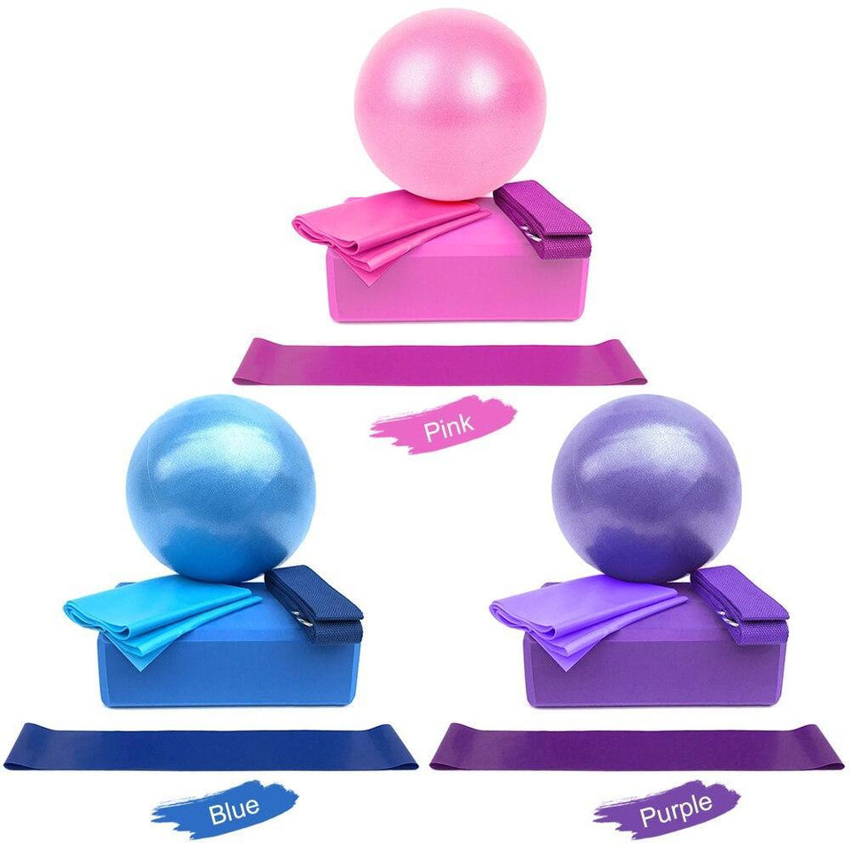 Yoga ball and block set color options: pink, blue, and purple with bands