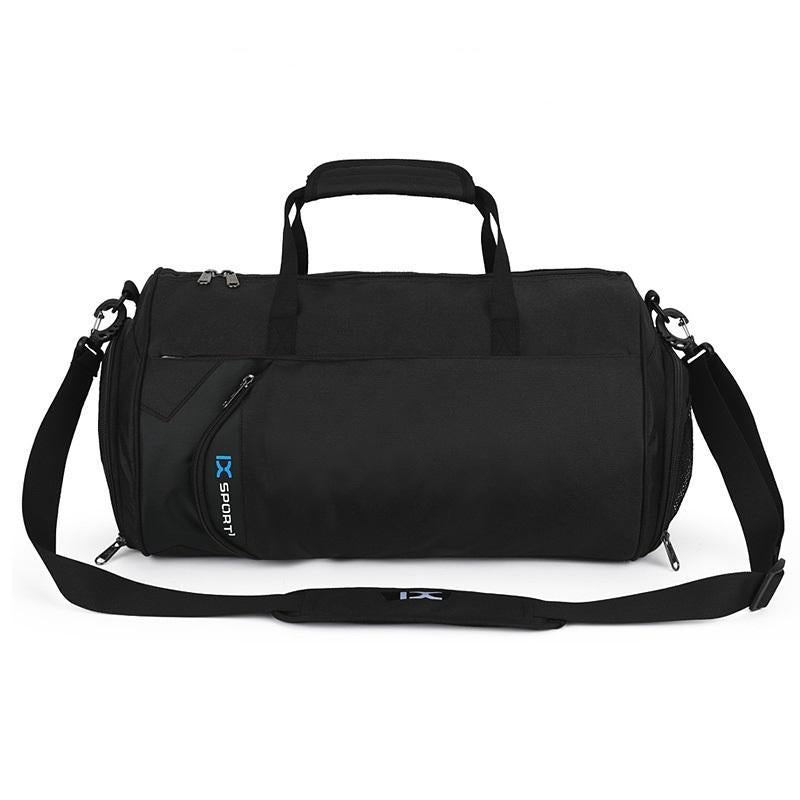 Black gym & travel duffel bag with top handle, crossbody strap, and front zipper pocket.