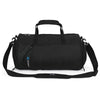 Black gym & travel duffel bag with top handle, crossbody strap, and front zipper pocket.