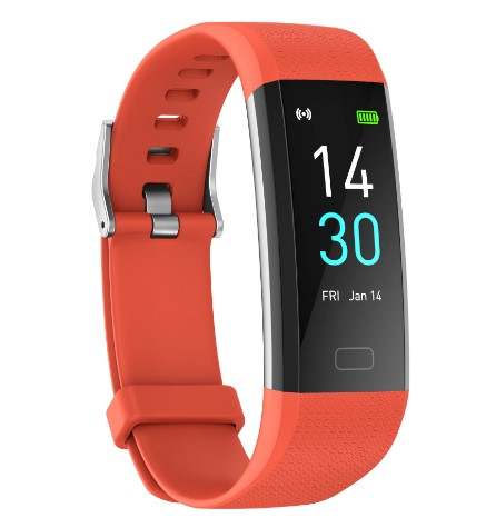 Orange silicone fitness smartwatch showing time 14:30 on black screen