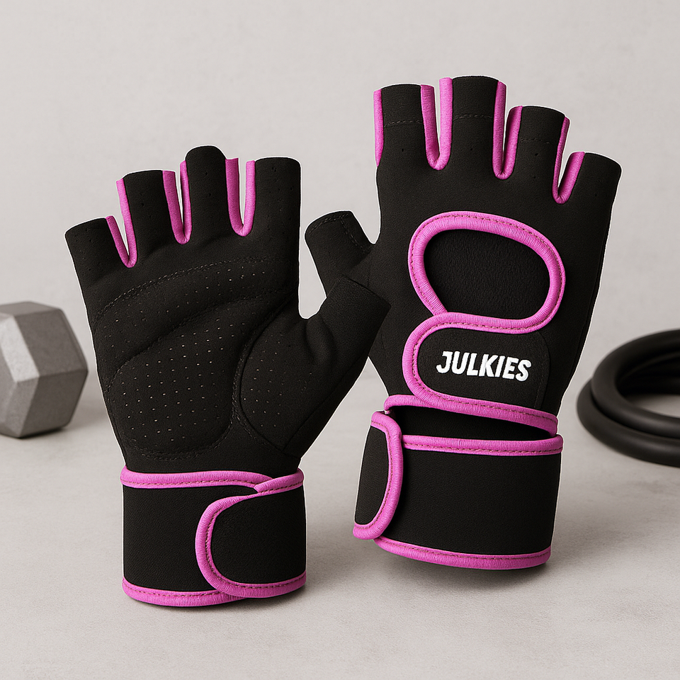 Black half-finger gym gloves with pink anti-slip trim, padded knuckles, hook-and-loop wrist