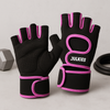 Black half-finger gym gloves with pink anti-slip trim, padded knuckles, hook-and-loop wrist