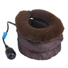 Neck traction pillow with air pump hose and blue connector, dark brown and gray fabric