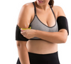 Black arm compression sleeve covering upper arm and forearm, close-up.