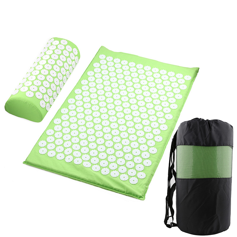 Acupressure yoga mat and massage cushion set in lime green with white button pads