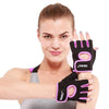 Black half-finger gym gloves with pink trim and hook-and-loop wrist, open fingertips