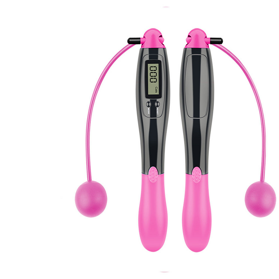 Cordless digital jump rope set with black top handles, pink grips, and pink rope