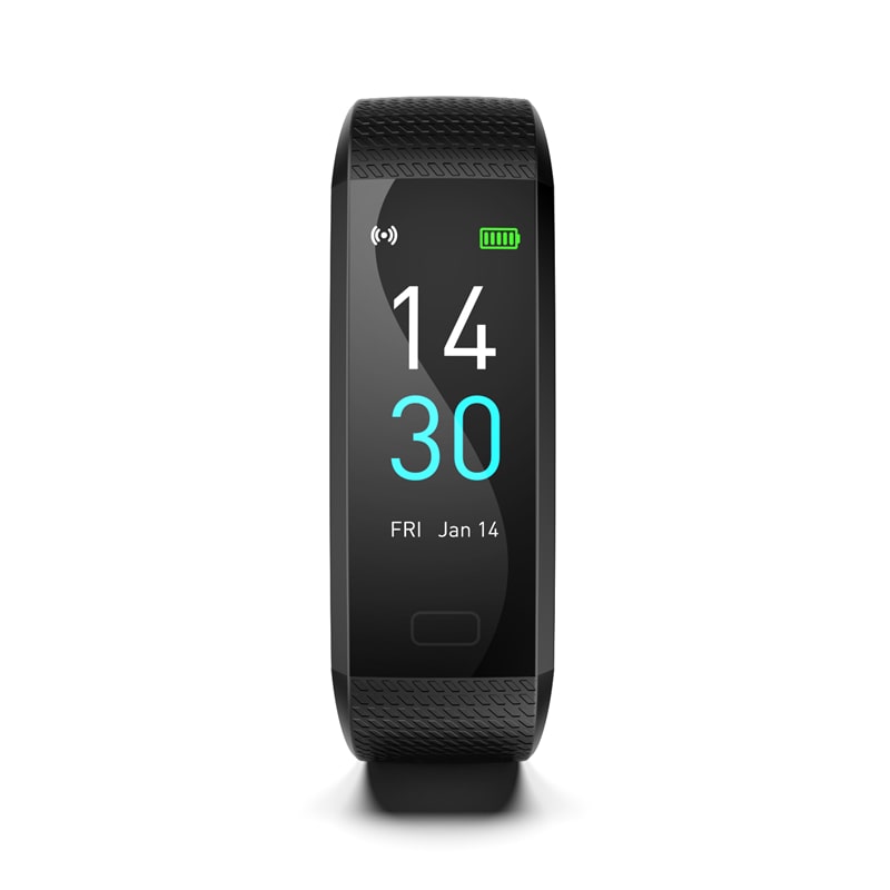 Black smart fitness watch with textured band and OLED fitness display