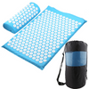 Acupressure yoga mat and massage cushion set in light blue with white button pads and carry bag