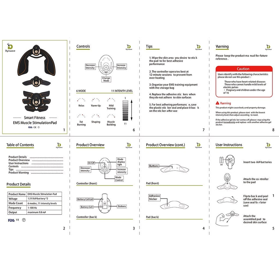 Abdominal muscle stimulator user guide pages with diagrams and warning icons
