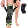 Knee compression sleeve being applied; black fabric with neon green edging