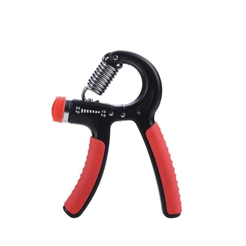 Adjustable hand gripper tool with black frame and red grip pads