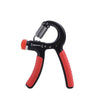 Adjustable hand gripper tool with black frame and red grip pads