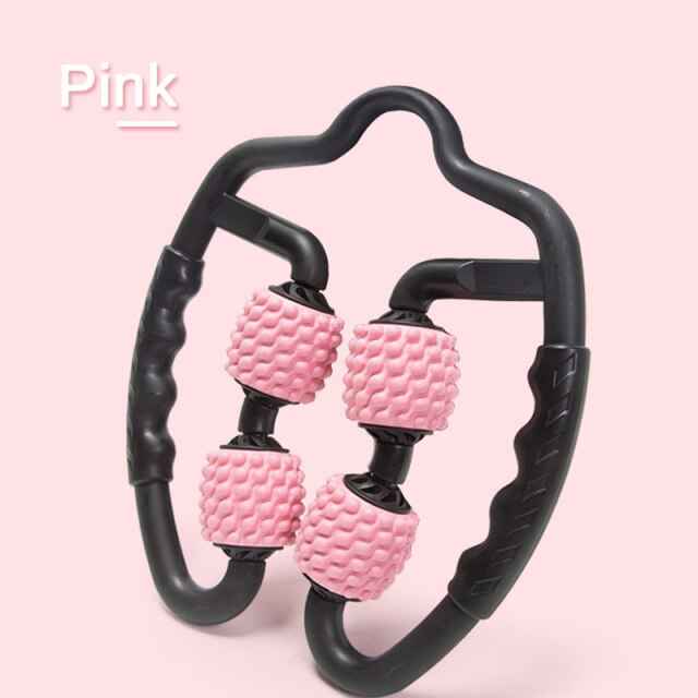 U-shape arm massage roller with pink spiked wheels and black frame, product view