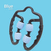 U-shape arm massage roller with light blue spiked wheels and black frame, product view