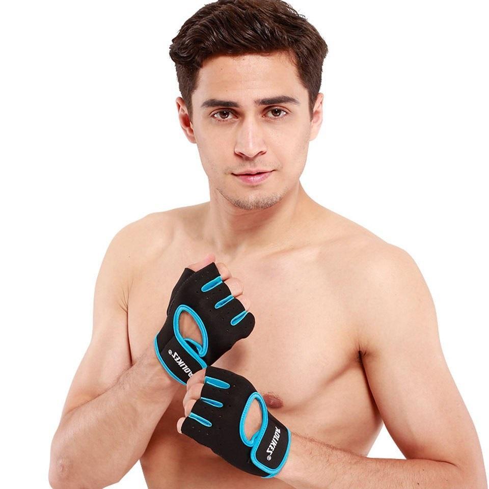 Black half-finger gym gloves with blue trim, padded knuckles, hook-and-loop wrist