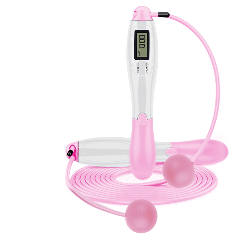 Cordless digital jump rope handle with white body, pink grip, and pink cable loop