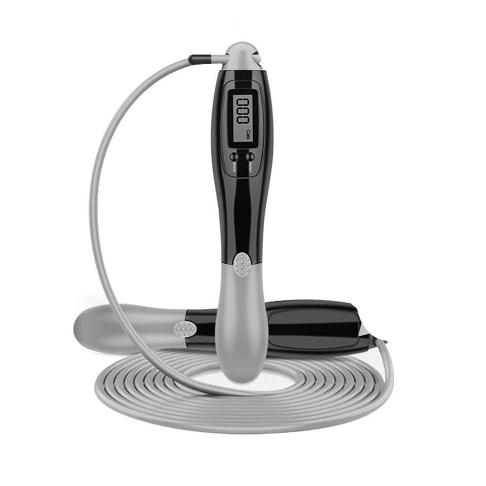 Cordless digital jump rope handle with gray base, black display panel, and gray rope
