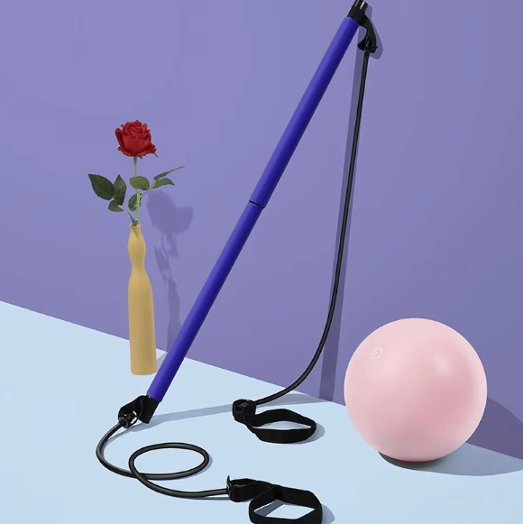 Pilates squat resistance bar with bands, purple bar and black elastic cords