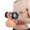 Black half-finger gym gloves with blue trim; close-up of padded open fingertips and strap