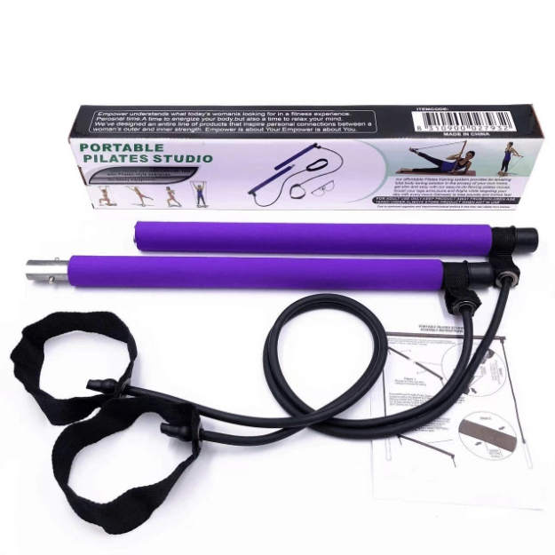 Portable Pilates studio resistance bar with bands kit, purple bar and black straps