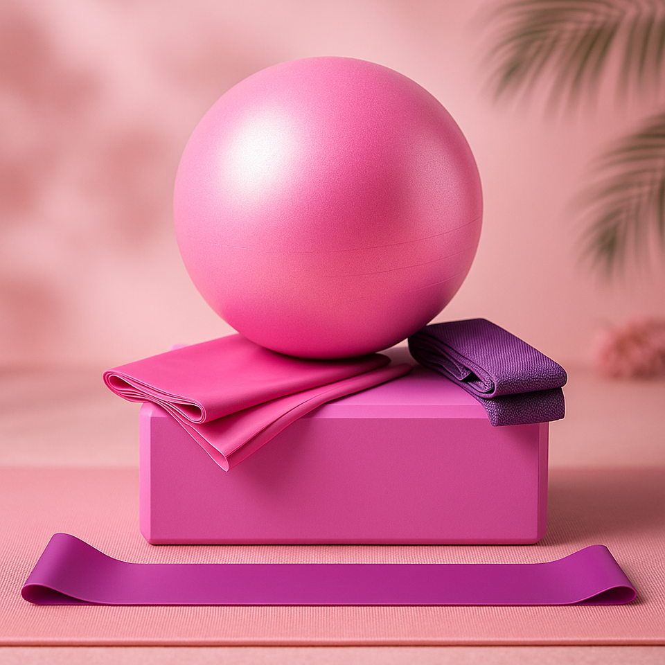 Yoga ball and block set with strap and band, pink set with purple band/strap