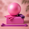 Yoga ball and block set with strap and band, pink set with purple band/strap