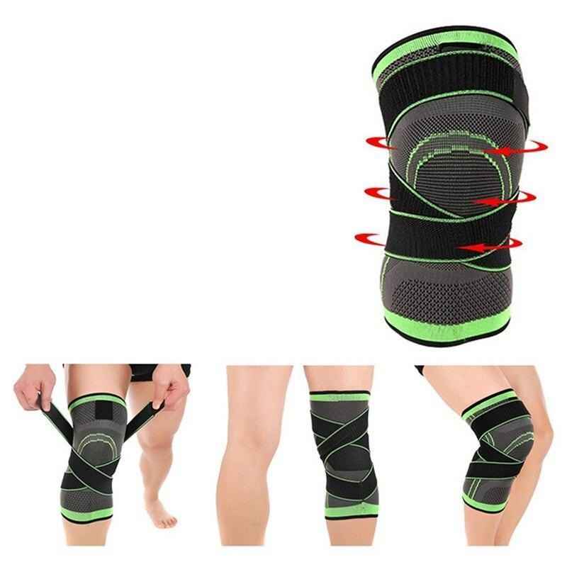 Knee compression sleeve on knee, black knit with neon green bands and support lines