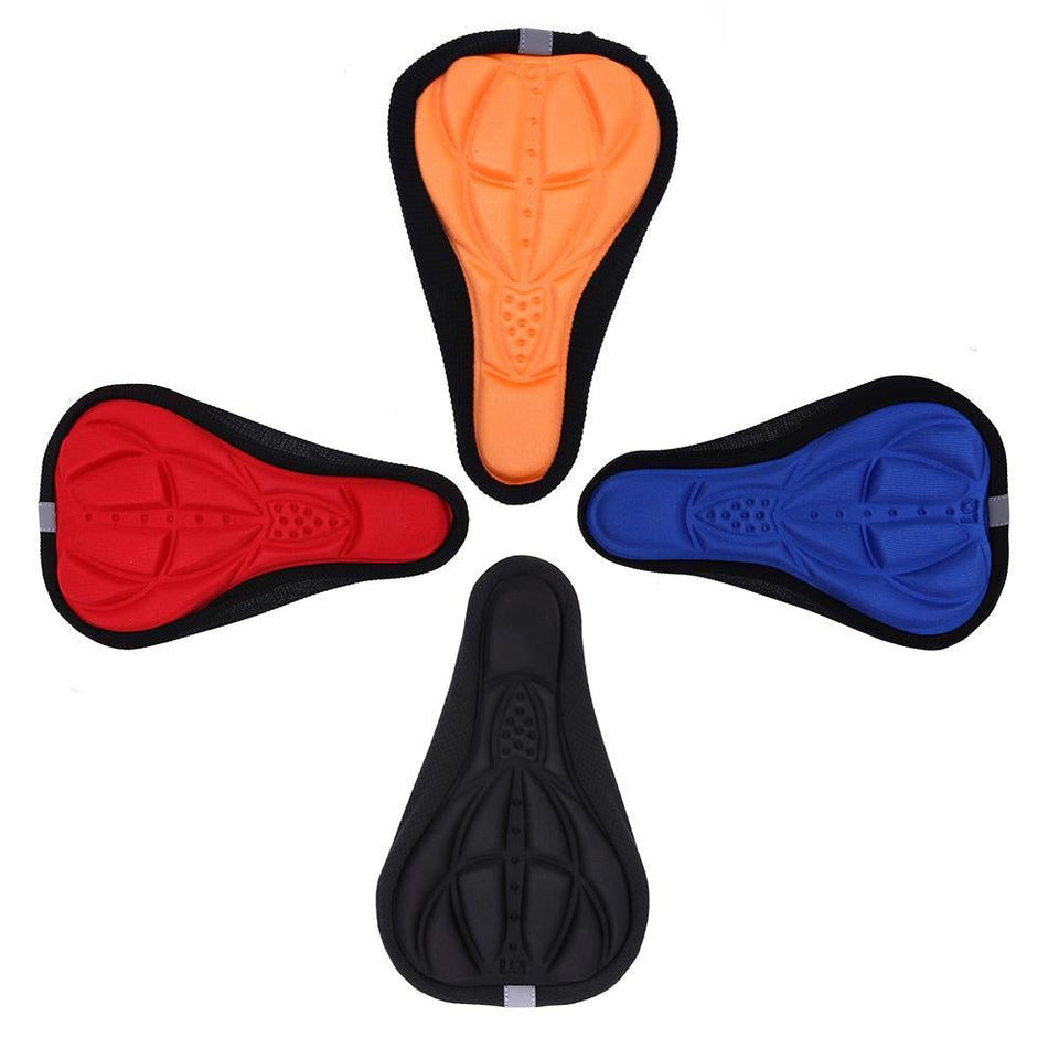 Bike seat cushion cover, orange gel insert with textured pattern and black fabric edge