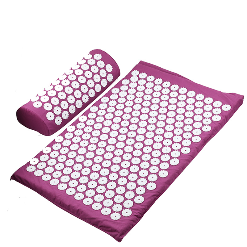 Acupressure yoga mat and massage cushion set in burgundy with white button pads