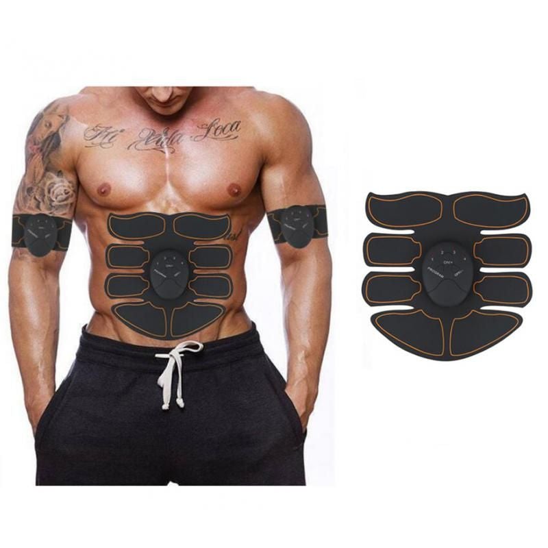 Abdominal muscle stimulator belt with electrode pads on abdomen and forearm sleeves