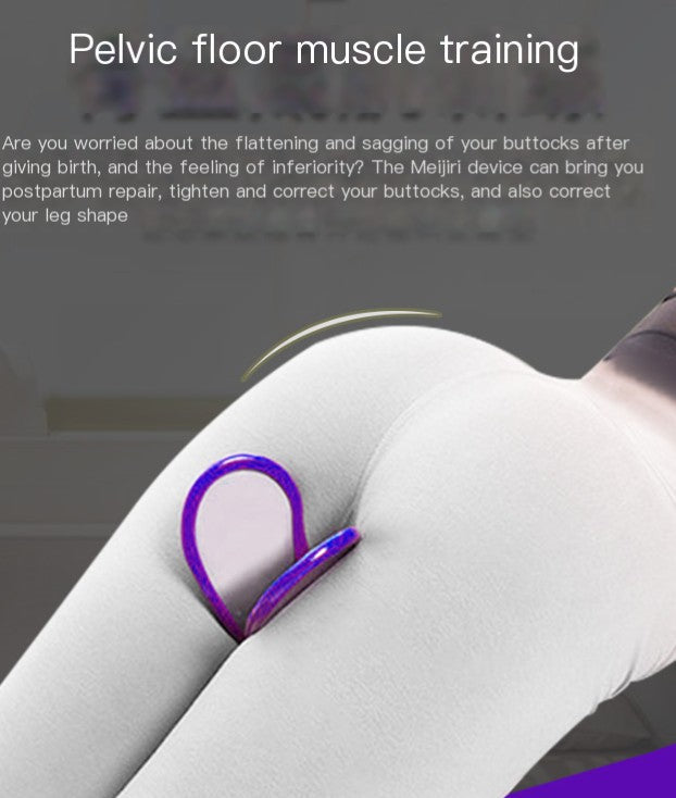 Blue oval trainer loop placed on a leg for pelvic floor muscle training