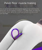 Blue oval trainer loop placed on a leg for pelvic floor muscle training