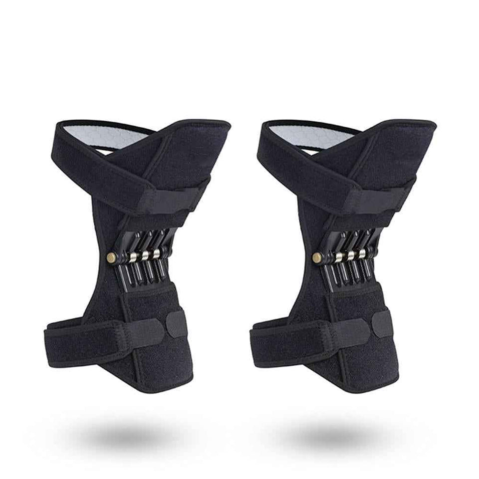 Pair of black knee support pads with elastic straps and spring mechanism