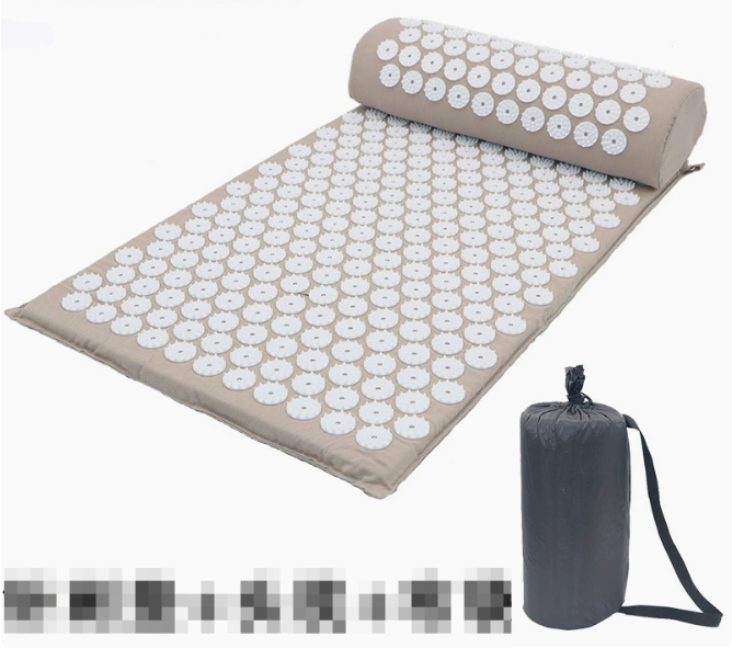 Acupressure yoga mat and massage cushion set in gray with white button pads and carry bag