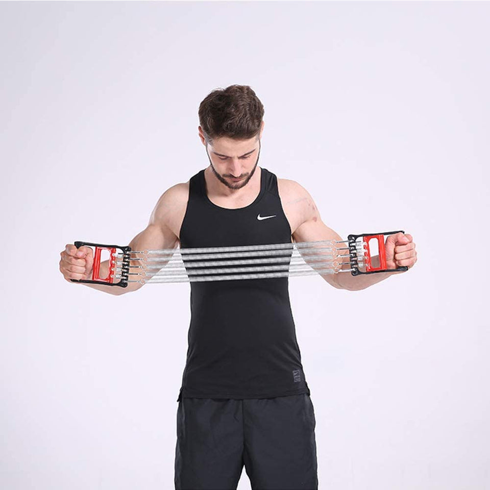 Adjustable chest expander with red-and-black handles and 4 cables in arm extension