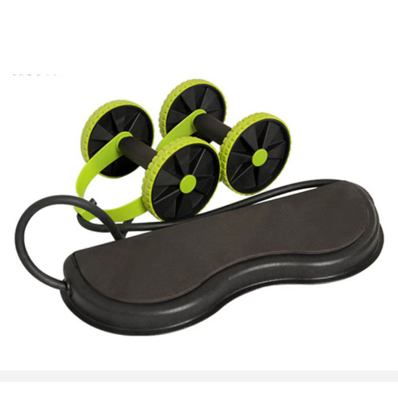 Green ab roller wheel with four black wheels and curved padded base, exercise tool