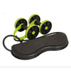 Green ab roller wheel with four black wheels and curved padded base, exercise tool