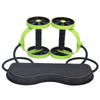 Green ab roller wheel with two black wheels, padded base, and loop handles