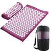Acupressure yoga mat and massage cushion set in purple with white button pads and carry bag